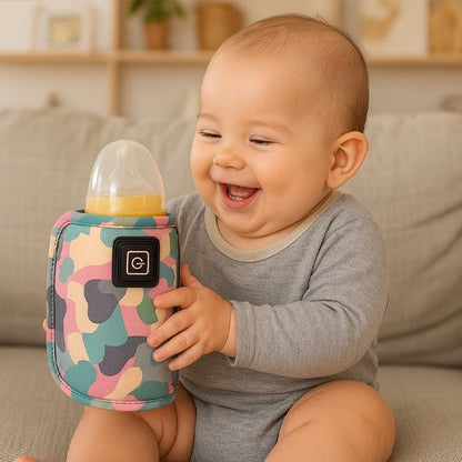 bebe qui tient son chauffe biberon