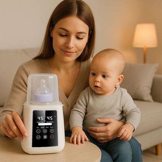 maman regardant son biberon chauffé avec son bébé