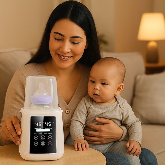 maman regardant son chauffe biberon paisiblement avec son bebe